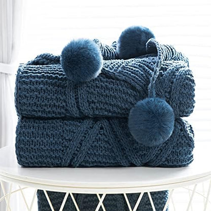  Chunky Knit Blanket With Pom Poms- Thick, Soft, Big, Cozy Throw Blankets For Couch, Bed, Sofa, Chair-50×60 Inches,Pink