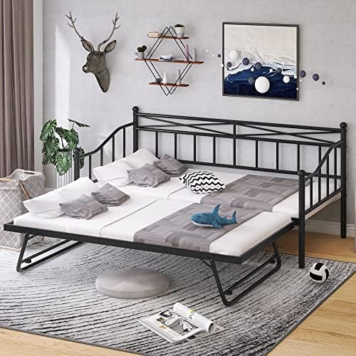  Twin Size Metal Daybed With Trundle, Daybed With Slat No Box Required, Noise Free, For Bedroom Living Room - Pink
