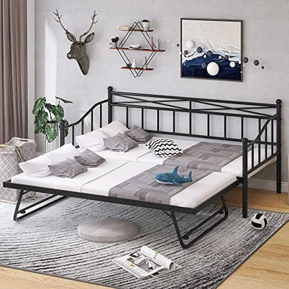  Twin Size Metal Daybed With Trundle, Daybed With Slat No Box Required, Noise Free, For Bedroom Living Room - Pink
