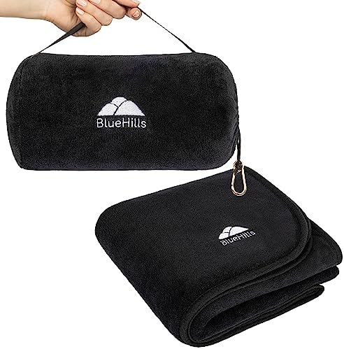  BlueHills Travel Blanket Pillow Rolled Premium Soft Plush Airplane Throw Traveling Essentials Compact In A Bag With Luggage Belt 70 X 48 Inches For Long Plane Flight Portable Lightweight Grey Gray R01