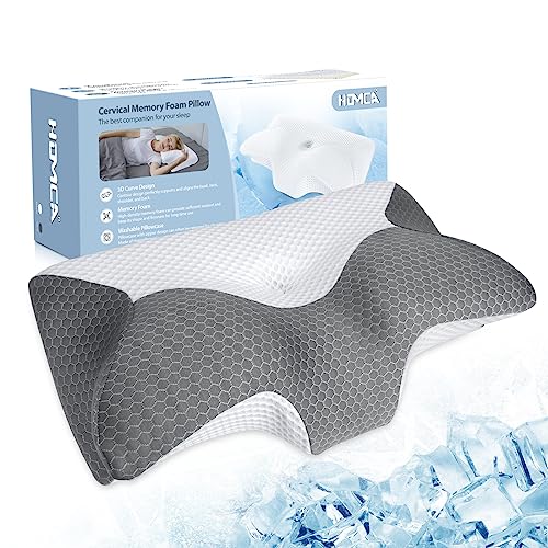  HOMCA Cervical Pillow - Ergonomic Memory Foam Pillow For Neck And Shoulder Pain Relief With Cooling Ice Silk Pillowcase, Orthopedic Neck Bed Pillow For Side, Back And Stomach Sleepers