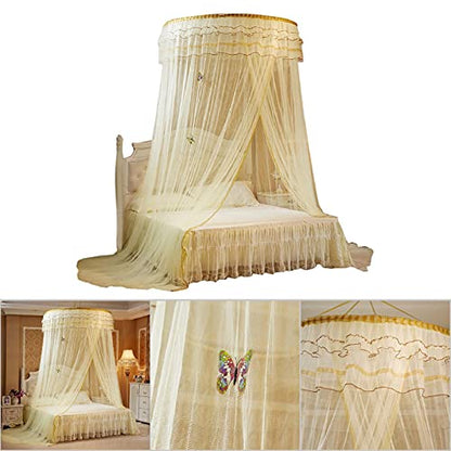  Breathable Round Mosquito Net Canopy Lace Princess Style Bed Curtain Netting For Camping Or Bedroom(Beige)