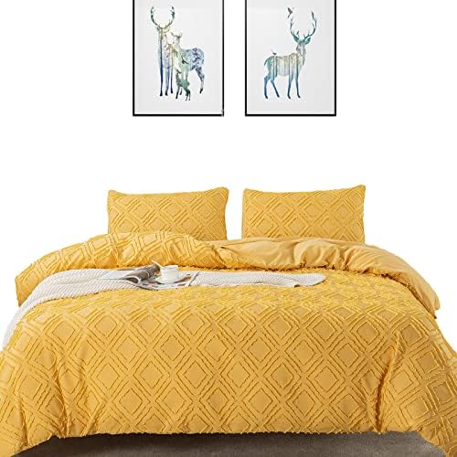  Lamourbear Jacquard & Tufted Duvet Cover Full Size White Bedding Set, All Seasons Comforter Cover, With Double-end Sliders Zipper Closure, 8 Ties, 3 Piece (2 Pillowcase, 1 Duvet Cover), Full