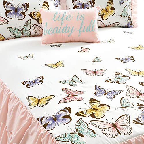  Lush Decor Pink Flutter Butterfly 4-Piece Bedspread Set, Cute Comforter (Full)