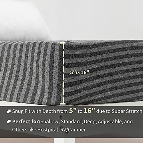 Stretchy Twin Fitted Sheet Only - Jersey Knit & Super Stretch, Snug Fit For Twin/Single, Twin XL Or RV/Camper Twin Size Mattress Deep Or Shallow Pocket, Non-Slip & Ultra Soft - Black/Gray