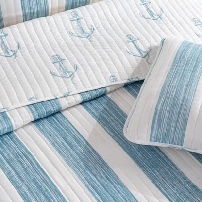  Great Bay Home 2-Piece Twin Reversible Lightweight Nautical Quilt Comforter With 1 Sham | All-Season, Beach Bedspreads | Blue Coastal Coverlet Sets | Casco Bay Quilts Collection