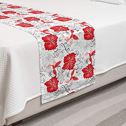  Lunarable Hawaiian Bed Runner, Patterns With Flourishing Hibiscus And Red Hummingbirds Ornamental Background, Decorative Accent Bedding Scarf For Hotels Homes And Guestrooms, Red Black Grey