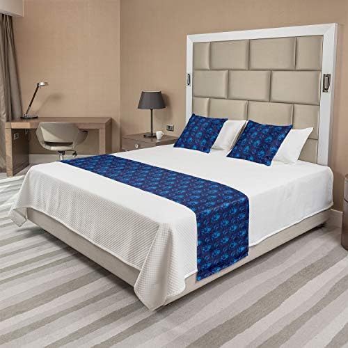  Ambesonne Floral Bed Runner Set, Boho Flower Bouquets Field Russian Folk Ethnic Blossoms Art Pattern, Decorative Bedding Scarf And 2 Pillow Shams For Hotels Homes, Dark Indigo And Azure Blue