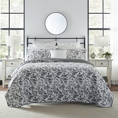  Laura Ashley Quilts Cotton Reversible Bedding With Matching Shams, Home Decor For All Seasons, Queen, Amberley Black/White
