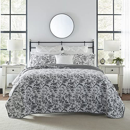  Laura Ashley Quilts Cotton Reversible Bedding With Matching Shams, Home Decor For All Seasons, Queen, Amberley Black/White
