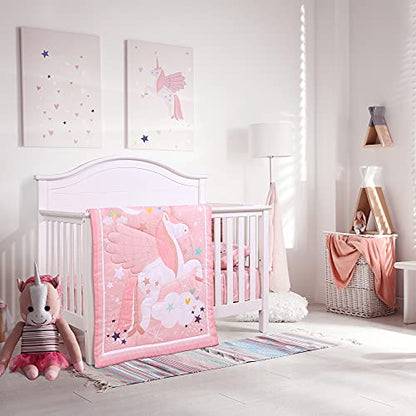  UOMNY Crib Bedding Set For Girls - Pink Baby Nursery Bedding Sets 3 Pieces Crib Quilt Comforter Fitted Crib Sheet Toddler Pillowcase Soft Star Baby Bedding Set