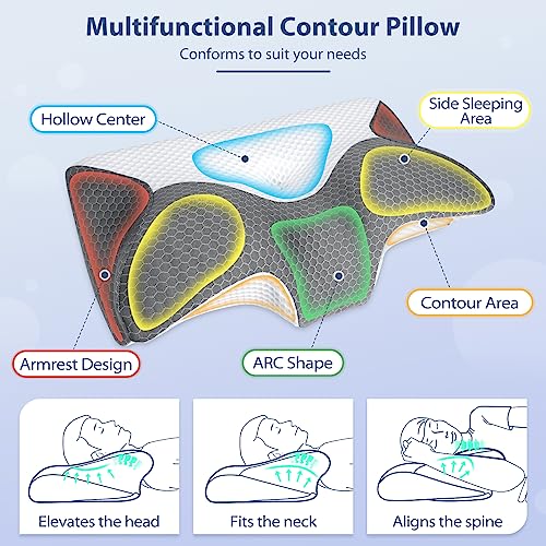  HOMCA Cervical Pillow - Ergonomic Memory Foam Pillow For Neck And Shoulder Pain Relief With Cooling Ice Silk Pillowcase, Orthopedic Neck Bed Pillow For Side, Back And Stomach Sleepers