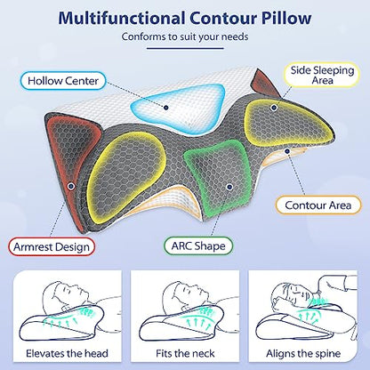  HOMCA Cervical Pillow - Ergonomic Memory Foam Pillow For Neck And Shoulder Pain Relief With Cooling Ice Silk Pillowcase, Orthopedic Neck Bed Pillow For Side, Back And Stomach Sleepers
