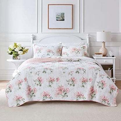  Laura Ashley Home - Queen Quilt Set, Cotton Reversible Bedding With Matching Shams, Home Decor Ideal For All Seasons (Honeysuckle Pink, Queen)