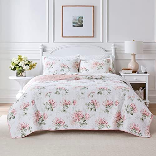  Laura Ashley Home - Queen Quilt Set, Cotton Reversible Bedding With Matching Shams, Home Decor Ideal For All Seasons (Honeysuckle Pink, Queen)