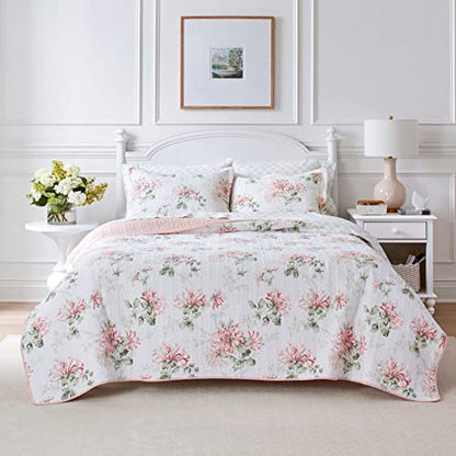  Laura Ashley Home - Queen Quilt Set, Cotton Reversible Bedding With Matching Shams, Home Decor Ideal For All Seasons (Honeysuckle Pink, Queen)