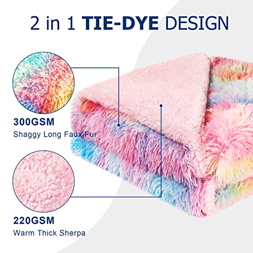  DANGTOP Faux Fur Throw Blanket, Tie Dye Fluffy Blanket, Super Soft Rainbow Blanket For Girls, Luxury Cozy Warm Plush Thick Sherpa Throws For Bed Couch Living Room (Rainbow, 59x79 Inches)