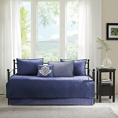  Solid Navy Blue White Striped 6 Piece Pc Twin Daybed Set Quilted Cover Bedding