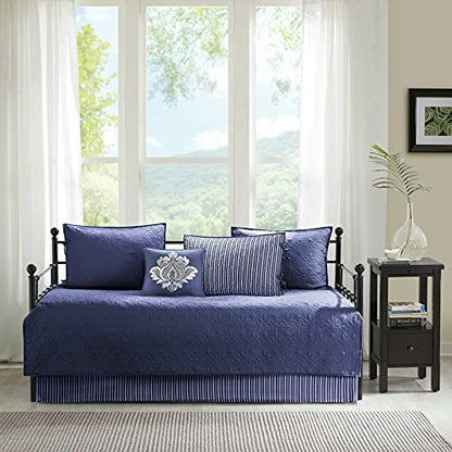  Solid Navy Blue White Striped 6 Piece Pc Twin Daybed Set Quilted Cover Bedding