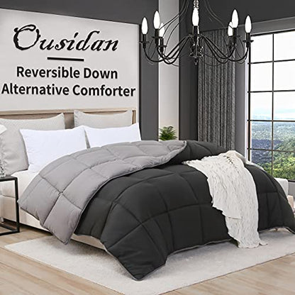  Ousidan Reversible Comforter Twin Size Down Alternative Quilt With Corner Tabs,Brushed Microfiber Cover Black/Dark Grey Comforter,Machine Washable,68x90Inches