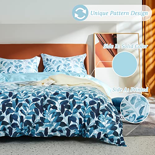  MILDLY 100% Egyptian Cotton Duvet Cover Set Gradient Blue Leaves Printed Comforter Cover Set Farmhouse Plant Reversible Baby Blue Bedding Set King Size With Zipper Closure & Corner Ties