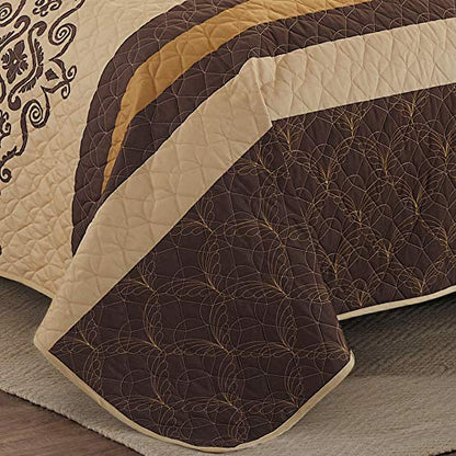  WPM Western Print Queen Size Light Weight Quilt Set With Pillow Sham Gold Brown Oversize (100 X 95”) Bedspread All-Season Bed Cover Quilted Native Theme 3 Piece Coverlet (Yasmen Gold Brown, Queen)