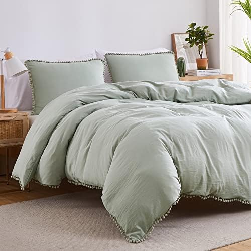  Pink Duvet Cover Queen Size, 3 Pieces Soft Washed Microfiber Duvet Cover Set With Boho Pom Pom Fringe, Pink, 90x90 Inches