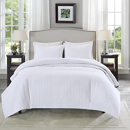  Comfort Spaces Kienna Quilt Set-Luxury Double Sided Stitching Design All Season, Lightweight, Coverlet Bedspread Bedding, Matching Shams, Twin/Twin XL(66"x90"), White,CS14-0263