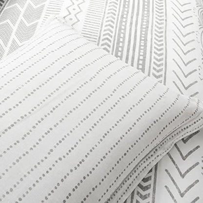  Hygge Geo Reversible 3 Piece Cotton Duvet Set, King, Gray & White