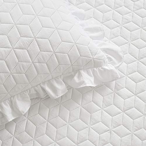  French Country Geo Ruffle Bedding, 3-Piece Bedspread Set (King, White)