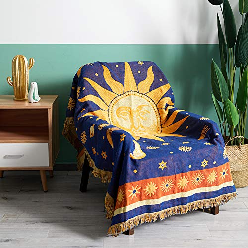  Sun And Moon Stars Hippie Throw Blanket Celestial Tapestry Double-sided Reversible Woven Cotton Home Decor Bedding Chair Couch Recliner Cover Loveseat Rug Oversized Tassels Blue Yellow (71x51)