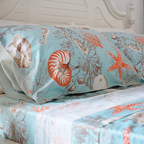  Brandream Luxury Coastal Beach Bedding Sets Egyptian Cotton Twin Size Duvet Cover With Pillow Cases Elegant Seashells Bedding Set 3-Piece(No Comforter)