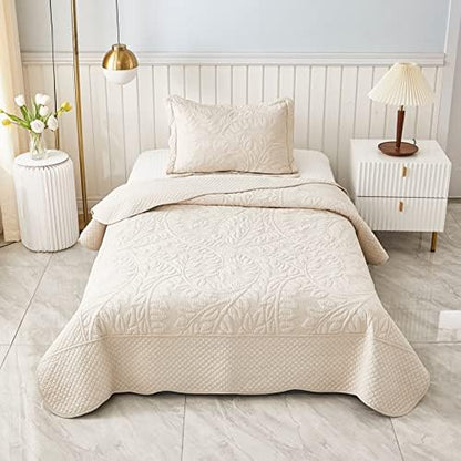  MarCielo 3-Piece 100% Cotton Oversized Bedspread Set Coverlet Set Lightweight Quilt Set Embroidery Farmhouse Bedding Set (Natural Beige, King (118"x106"))