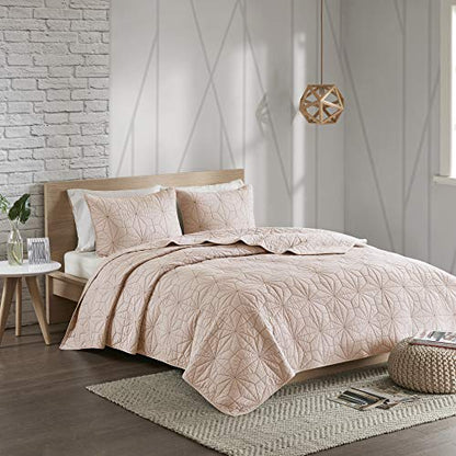  Urban Habitat Caden 3 Piece 100% Cotton Coverlet Double Sided Quilting Geometric Design, Matching Shams, Summer Blanket, Hypoallergenic All Season Bedding-Set, Full/Queen, Blush (UH13-2247)