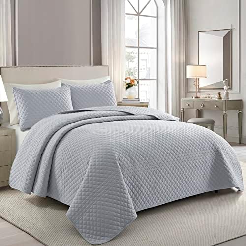  Bonlino Quilt Bedding Set Bed Queen - Lightweight Soft Quilt Summer Farmhouse Quilt Set, Modern Boho Style Striped As Bedspread Coverlet, With 2 Pillow Shams For Home Bedroom All Season (Grey, Queen)