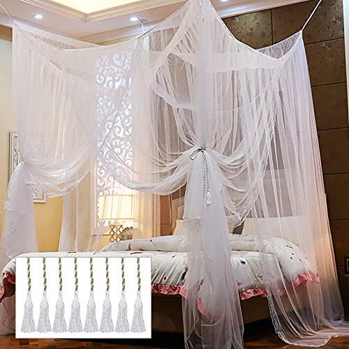  4 Corner Post Bed Canopy, Elegant Curtain Net For Full/Queen/King Size Bed (White)