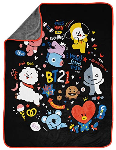  Line Friends BT21 Black & White Doodle Throw Blanket - Measures 46 X 60 Inches, Kids Bedding - Fade Resistant Super Soft Fleece (Official Line Friends Product)