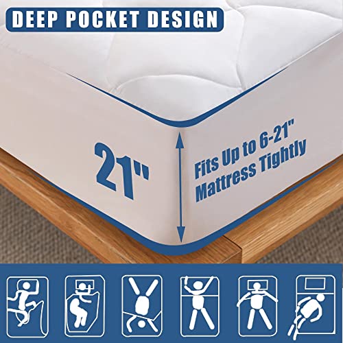  Twin XL Size Quilted Fitted Mattress Pad, Waterproof Breathable Cooling Mattress Protector, Stretches Up To 21 Inches Deep Pocket Hollow Cotton Alternative Filling Noiseless Mattress Cover
