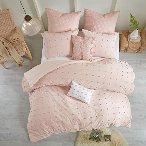  Duvet Set 100% Cotton Jacquard, Tufts Accent, Shabby Chic All Season Cover For Comforter, Matching Shams, Decorative Pillows, Full/Queen (88 In X 92 In), Charcoal 7 Piece