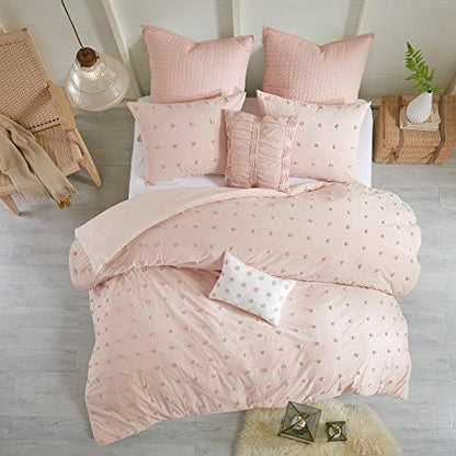  Duvet Set 100% Cotton Jacquard, Tufts Accent, Shabby Chic All Season Cover For Comforter, Matching Shams, Decorative Pillows, Full/Queen (88 In X 92 In), Charcoal 7 Piece