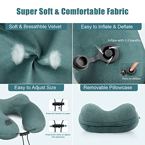  Urophylla Inflatable Travel Pillow For Airplane, Inflatable Neck Pillow For Traveling With 3D Contoured Eye Masks, Adjustable Neck/Chin Support Pillow For Trains, Cars, Large (Green)