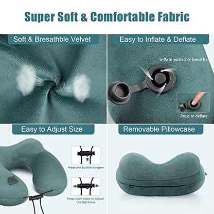  Urophylla Inflatable Travel Pillow For Airplane, Inflatable Neck Pillow For Traveling With 3D Contoured Eye Masks, Adjustable Neck/Chin Support Pillow For Trains, Cars, Large (Green)