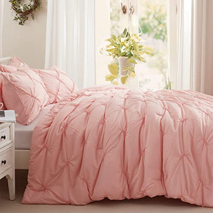  Queen Comforter Set -Pintuck Down Alternative Comforters With 2 Pillow Shams, Soft Queen Size Bedding Comforter Sets Lightweight All Season (Pink,88x88 Inches, 3 Pieces)