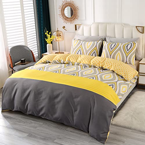  Yellow Duvet Cover Set Queen Size, 90" X 90" Soft Microfiber Duvet Covers With Geometric Pattern, 3 Pieces Reversible Duvet Cover Zipper Bedding Sets For All Seasons, Yellow & Grey