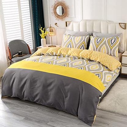  Yellow Duvet Cover Set Queen Size, 90" X 90" Soft Microfiber Duvet Covers With Geometric Pattern, 3 Pieces Reversible Duvet Cover Zipper Bedding Sets For All Seasons, Yellow & Grey