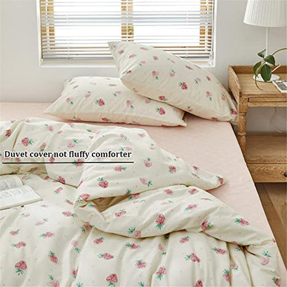  Cute Strawberry Duvet Cover Twin Kids Girls Bedding Set Kawaii Bedroom Decor Cotton Quilt Cover With Zipper Lightweight 3 Piece Bed Set With 2 Pillow Cases, Cream White