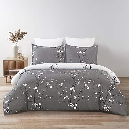  YEPINS Soft Brushed Microfiber Duvet Cover Set With Zipper Closure And Corner Ties, Plum Blossom/Branch Floral Printed Pattern, Grey And White Color, Reversible Design- Queen(90x90 Inches)