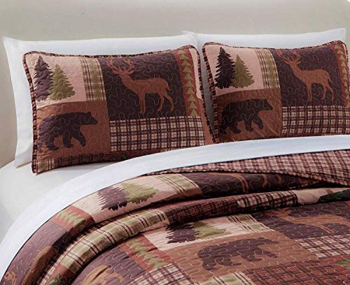  Rustic Western Lodge Quilted Plaid Reversible Bedspread Set With Wildlife Imagery Of Grizzly Bear Elk Buck And Pine Trees In Dark Brown - Alpine Trail (Full / Queen)