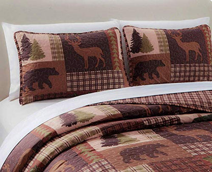  Rustic Western Lodge Quilted Plaid Reversible Bedspread Set With Wildlife Imagery Of Grizzly Bear Elk Buck And Pine Trees In Dark Brown - Alpine Trail (Full / Queen)