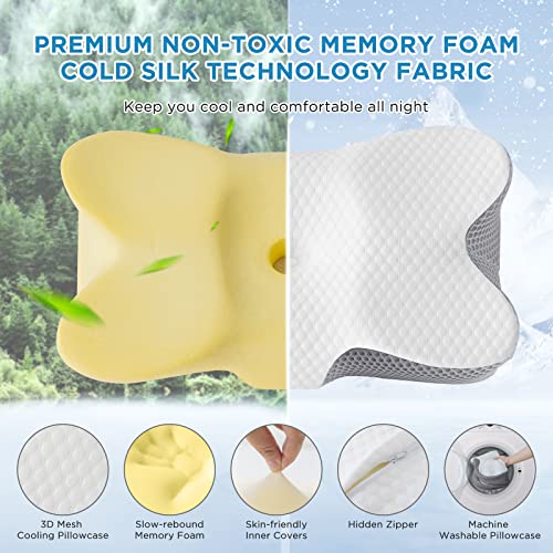  HOMFINE Cervical Memory Foam Cooling Pillow - Ergonomic Pillow For Neck And Shoulder Pain, Orthopedic Contoured Support Pillow For Side, Back And Stomach Sleepers With Breathable Cooling Cover,Grey